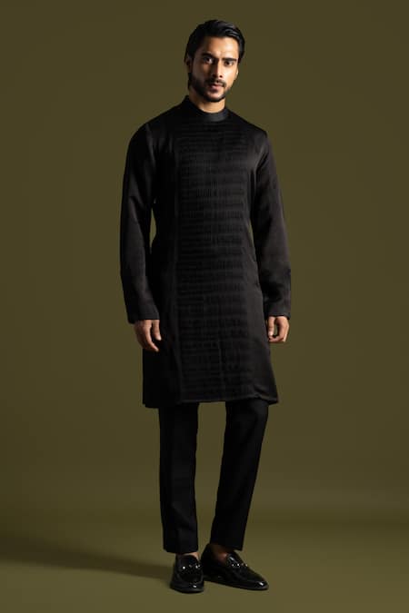 PAARSH Black Cotton, Linen, Satin Embroidery Smocked Panel Kurta With Trouser