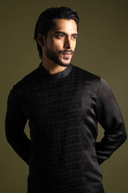 PAARSH_Black Cotton, Linen, Satin Embroidery Smocked Panel Kurta With Trouser _Online_at_Aza_Fashions