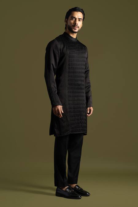 Buy_PAARSH_Black Cotton, Linen, Satin Embroidery Smocked Panel Kurta With Trouser _Online_at_Aza_Fashions