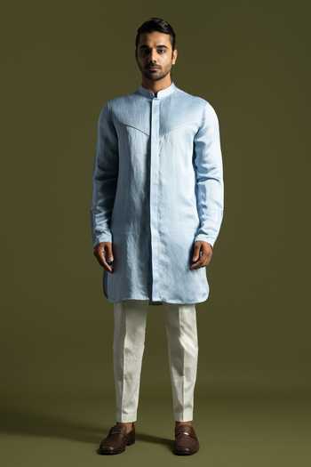 Buy PAARSH Blue Cotton, Linen, Satin Pintuck Front Open Kurta With Trouser Online at Aza Fashions Buy_PAARSH_Blue Cotton, Linen, Satin Pintuck Front Open Kurta With Trouser _Online_at_Aza_Fashions