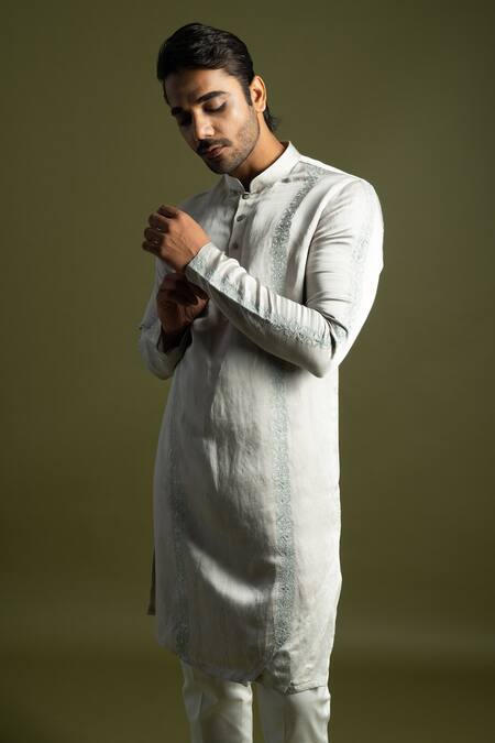 PAARSH Grey Cotton, Linen, Satin Amaryllis Vine Triple Layered Kurta With Trouser Online at Aza Fashions PAARSH_Grey Cotton, Linen, Satin Amaryllis Vine Triple Layered Kurta With Trouser _Online_at_Aza_Fashions