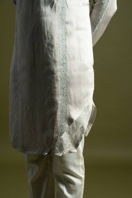 Shop PAARSH Grey Cotton, Linen, Satin Amaryllis Vine Triple Layered Kurta With Trouser Online at Aza Fashions Shop_PAARSH_Grey Cotton, Linen, Satin Amaryllis Vine Triple Layered Kurta With Trouser _Online_at_Aza_Fashions