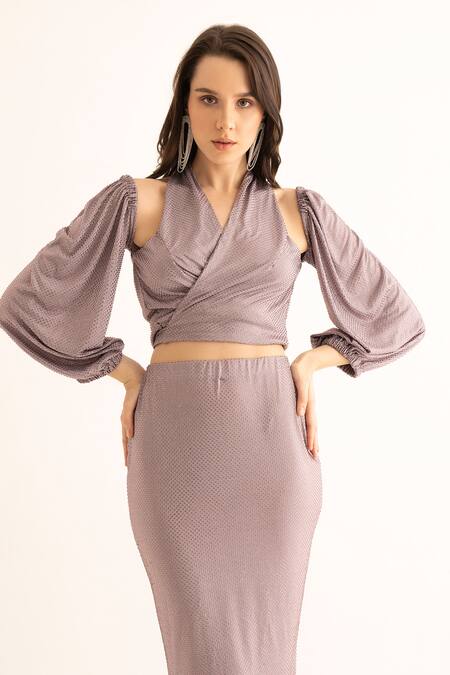 Torqadorn_Purple Polyester Rhinestones Halter Neck Studded Crop Top_at_Aza_Fashions