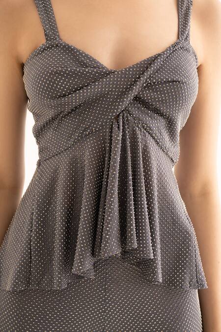 Buy_Torqadorn_Grey Polyester Rhinestones Sweetheart Neck Studded Peplum Top _Online_at_Aza_Fashions