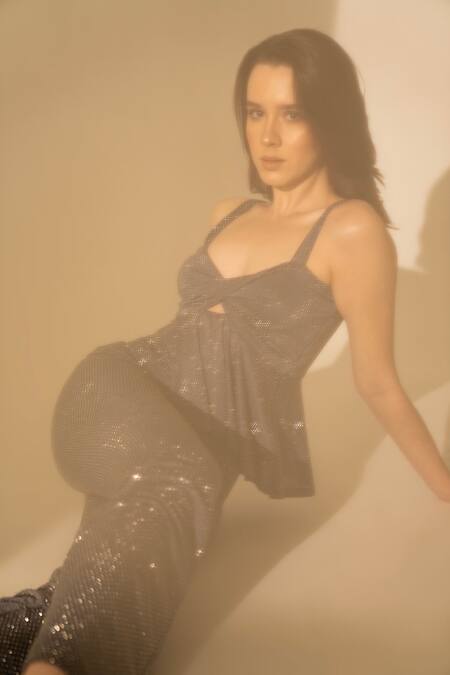 Torqadorn_Grey Polyester Rhinestones Sweetheart Neck Studded Peplum Top _at_Aza_Fashions