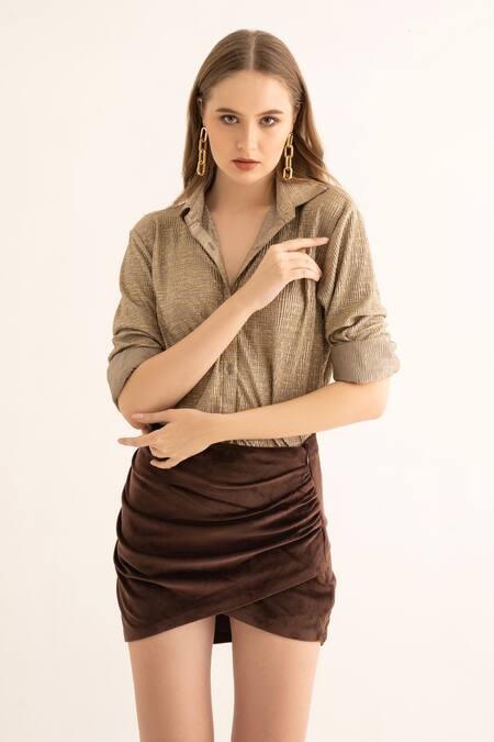 Torqadorn_Brown Polyester Foil Printing Collared Pleated Shirt _Online_at_Aza_Fashions