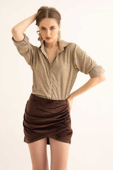 Buy_Torqadorn_Brown Polyester Foil Printing Collared Pleated Shirt _Online_at_Aza_Fashions