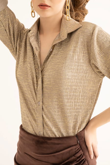 Shop_Torqadorn_Brown Polyester Foil Printing Collared Pleated Shirt _Online_at_Aza_Fashions