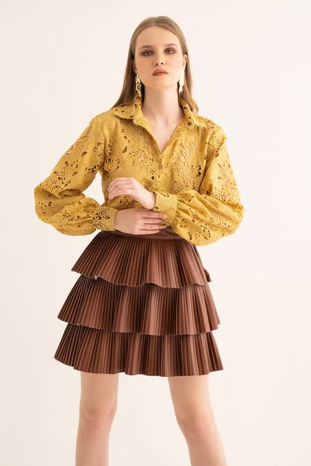 Buy Torqadorn Yellow Cotton Cut Work Collared Floral Shirt Online at Aza Fashions Buy_Torqadorn_Yellow Cotton Cut Work Collared Floral Shirt _Online_at_Aza_Fashions