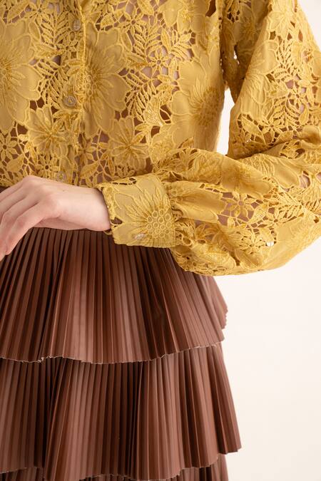 Shop Torqadorn Yellow Cotton Cut Work Collared Floral Shirt Online at Aza Fashions Shop_Torqadorn_Yellow Cotton Cut Work Collared Floral Shirt _Online_at_Aza_Fashions