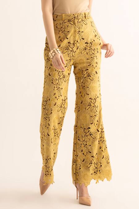 Buy Torqadorn Yellow Cotton Cut Work Floral Flared Pant Online at Aza Fashions Buy_Torqadorn_Yellow Cotton Cut Work Floral Flared Pant _Online_at_Aza_Fashions