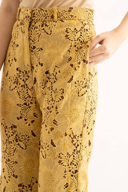 Shop Torqadorn Yellow Cotton Cut Work Floral Flared Pant Online at Aza Fashions Shop_Torqadorn_Yellow Cotton Cut Work Floral Flared Pant _Online_at_Aza_Fashions
