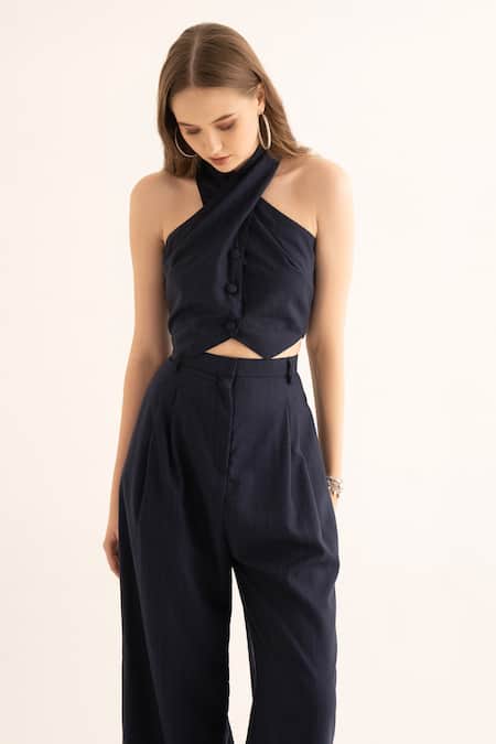TORQADORN Blue Suiting Pin Stripe Halter Neck Waistcoat  