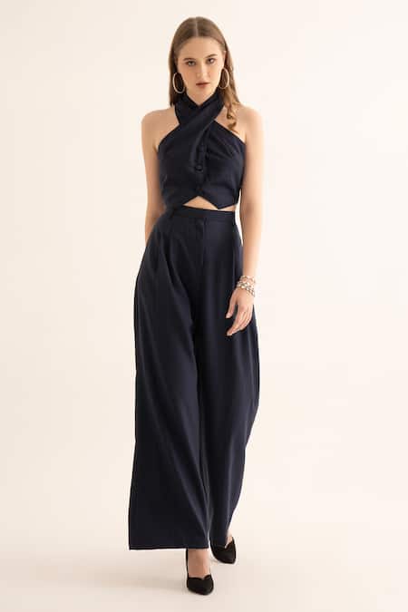 Torqadorn_Blue Suede Halter Neck Pinstripe Waistcoat _Online_at_Aza_Fashions