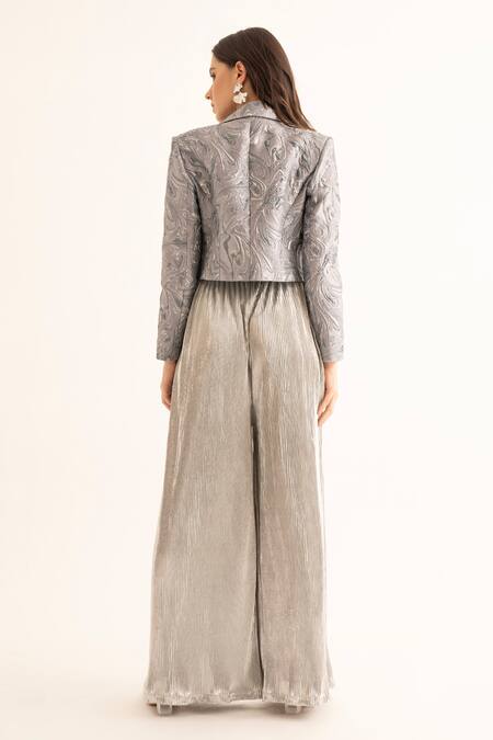 Shop Torqadorn Silver Polyester Pleated Pant With Belt at Aza Fashions Shop_Torqadorn_Silver Polyester Pleated Pant With Belt_at_Aza_Fashions