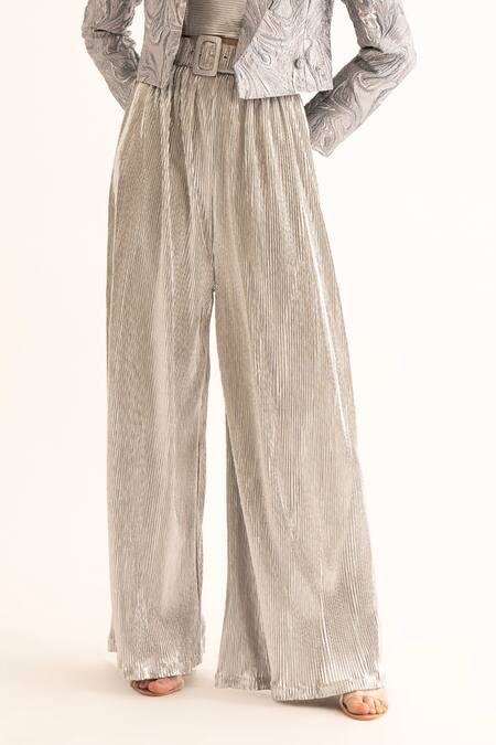Buy Torqadorn Silver Polyester Pleated Pant With Belt Online at Aza Fashions Buy_Torqadorn_Silver Polyester Pleated Pant With Belt_Online_at_Aza_Fashions