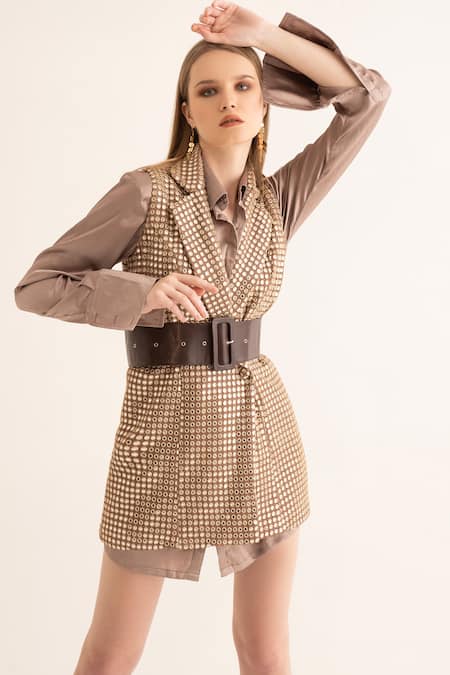 Torqadorn Gold Georgette Mirrors Collared Work Blazer Dress Online at Aza Fashions Torqadorn_Gold Georgette Mirrors Collared Work Blazer Dress_Online_at_Aza_Fashions