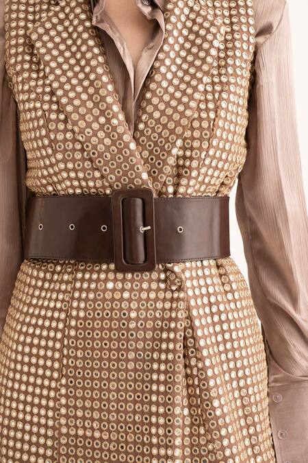 Buy Torqadorn Gold Georgette Mirrors Collared Work Blazer Dress Online at Aza Fashions Buy_Torqadorn_Gold Georgette Mirrors Collared Work Blazer Dress_Online_at_Aza_Fashions