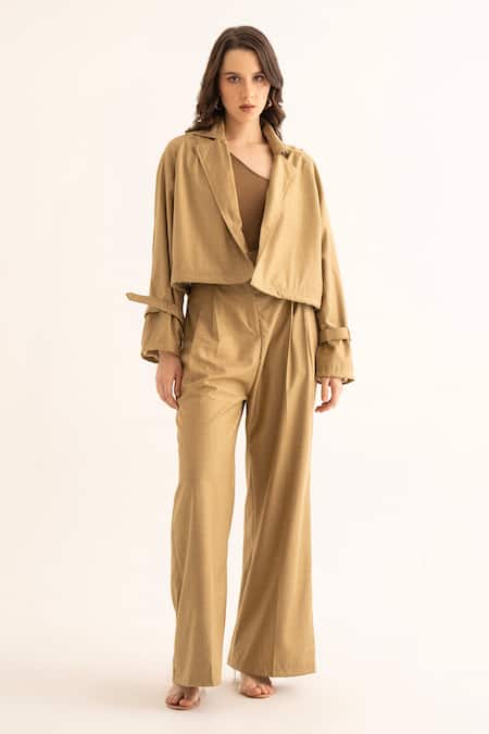 Torqadorn Brown Cotton Collared Checkered Pattern Crop Trench Jacket 