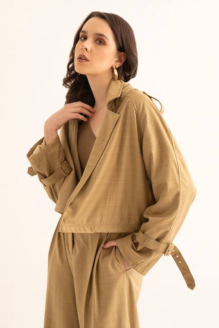 Torqadorn_Brown Cotton Collared Checkered Pattern Crop Trench Jacket_Online_at_Aza_Fashions