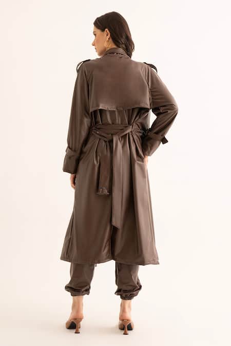 Shop_Torqadorn_Brown Faux Leather Collared Trench Jacket _at_Aza_Fashions