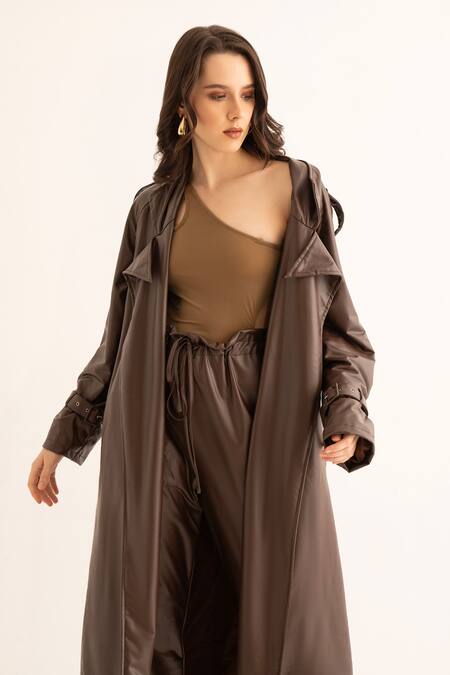 Torqadorn_Brown Faux Leather Collared Trench Jacket _Online_at_Aza_Fashions