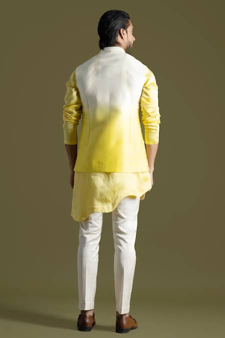 PAARSH Cream Yellow Embroidered Nehru Jacket Set 