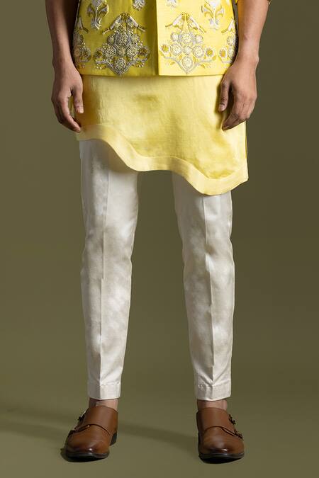 PAARSH_Yellow Linen, Cotton, Bamboo Embroidery Cream Nehru Jacket Set _Online_at_Aza_Fashions