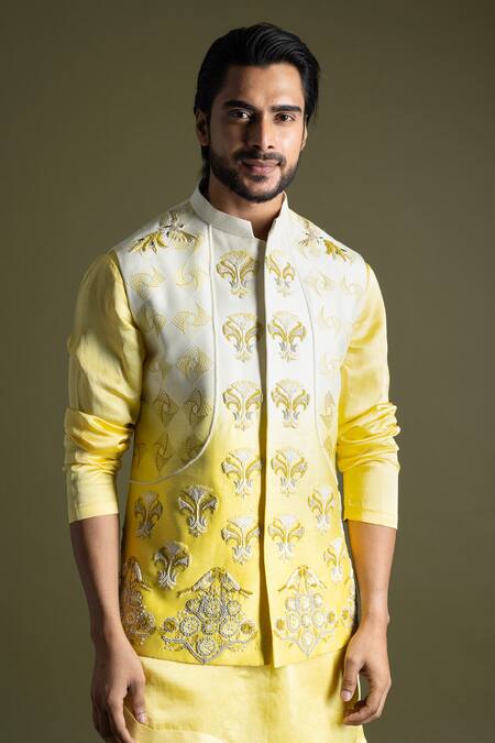Buy_PAARSH_Yellow Linen, Cotton, Bamboo Embroidery Cream Nehru Jacket Set _Online_at_Aza_Fashions