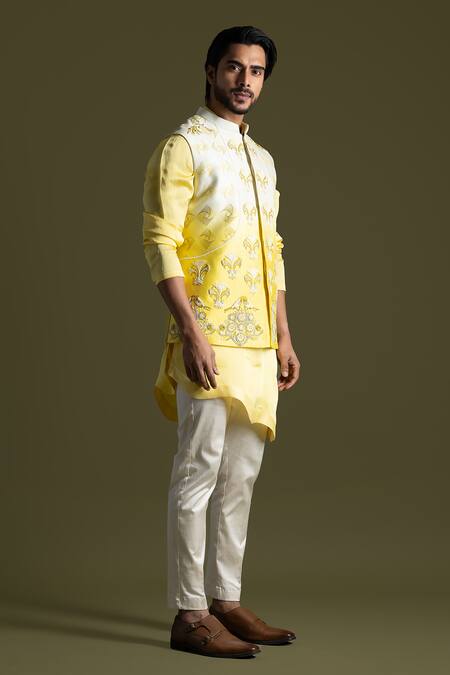 Shop_PAARSH_Yellow Linen, Cotton, Bamboo Embroidery Cream Nehru Jacket Set _Online_at_Aza_Fashions