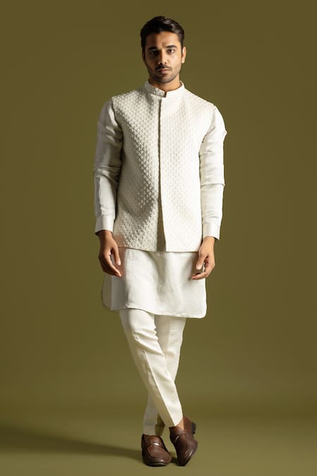 Paarsh Grey Linen Satin Embroidered Cutdana Nehru Jacket Set 
