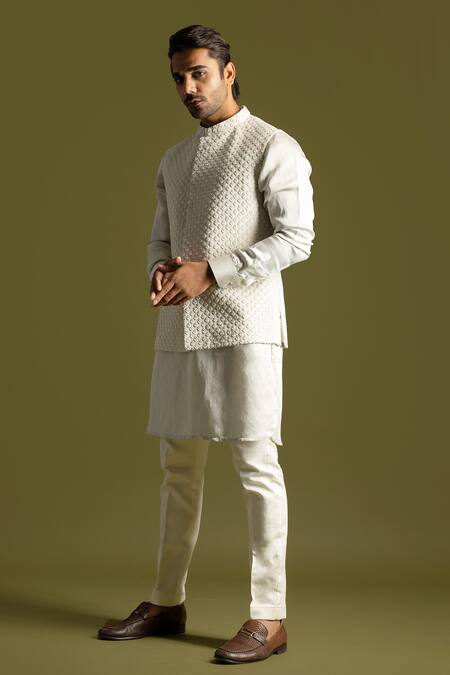 Buy PAARSH Gray Linen, Satin, Cotton Embroidery Nehru Jacket Set Online at Aza Fashions Buy_PAARSH_Gray Linen, Satin, Cotton Embroidery Nehru Jacket Set _Online_at_Aza_Fashions