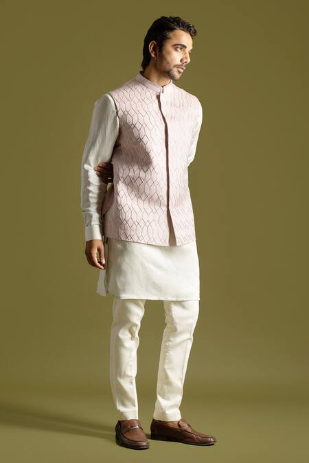 Buy Off White and Purple Dupion Silk Kurta Payjama With Jacket Online -