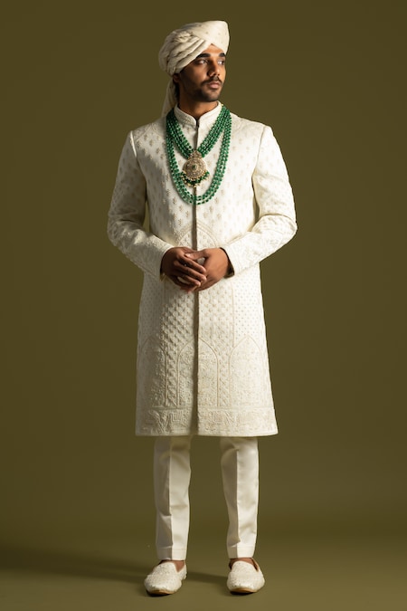 Paarsh Ivory Sherwani Linen Satin Embroidered Cutdana And Threadwork Set 