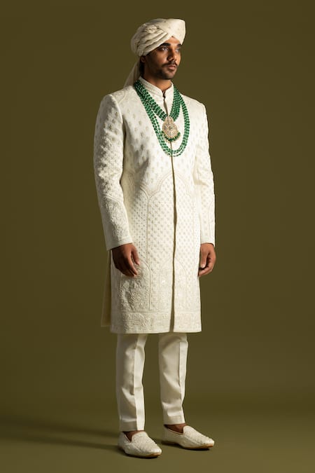 Shop PAARSH Ivory Linen, Silk, Cotton Cut Work, Embroidery Cutdana And Threadwork Sherwani Set at Aza Fashions Shop_PAARSH_Ivory Linen, Silk, Cotton Cut Work, Embroidery Cutdana And Threadwork Sherwani Set _at_Aza_Fashions