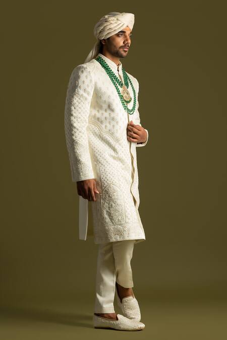 Shop PAARSH Ivory Linen, Silk, Cotton Cut Work, Embroidery Cutdana And Threadwork Sherwani Set Online at Aza Fashions Shop_PAARSH_Ivory Linen, Silk, Cotton Cut Work, Embroidery Cutdana And Threadwork Sherwani Set _Online_at_Aza_Fashions