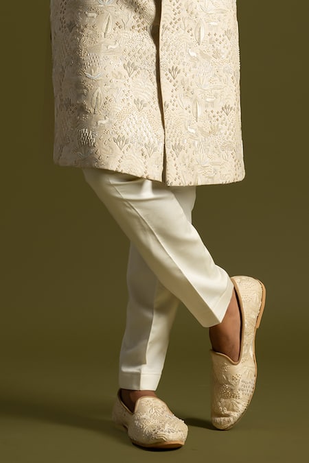 PAARSH Cream Bamboo, Cotton Embroidery Tonal Sherwani Set Online at Aza Fashions PAARSH_Cream Bamboo, Cotton Embroidery Tonal Sherwani Set _Online_at_Aza_Fashions