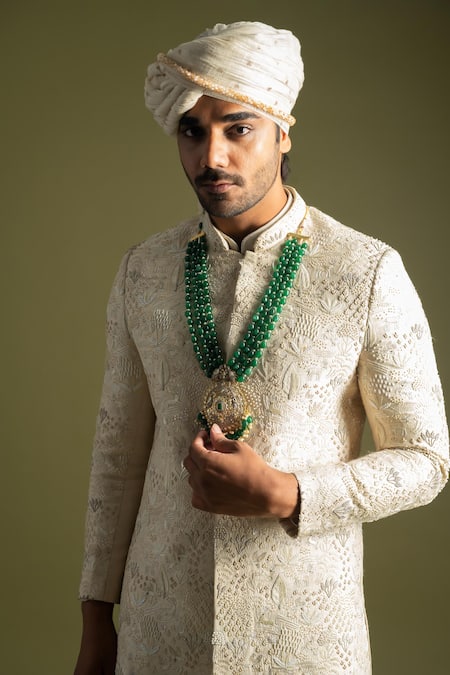 Buy PAARSH Cream Bamboo, Cotton Embroidery Tonal Sherwani Set Online at Aza Fashions Buy_PAARSH_Cream Bamboo, Cotton Embroidery Tonal Sherwani Set _Online_at_Aza_Fashions
