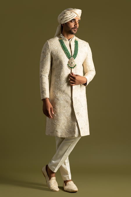 Shop PAARSH Cream Bamboo, Cotton Embroidery Tonal Sherwani Set Online at Aza Fashions Shop_PAARSH_Cream Bamboo, Cotton Embroidery Tonal Sherwani Set _Online_at_Aza_Fashions
