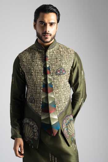 PAARSH Green Silk Embroidery Egyptian Script Nehru Jacket Online at Aza Fashions PAARSH_Green Silk Embroidery Egyptian Script Nehru Jacket _Online_at_Aza_Fashions