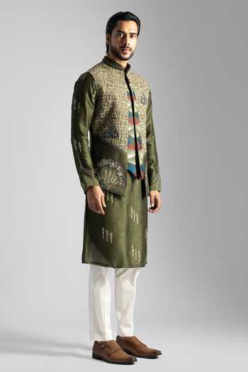 Buy PAARSH Green Silk Embroidery Egyptian Script Nehru Jacket Online at Aza Fashions Buy_PAARSH_Green Silk Embroidery Egyptian Script Nehru Jacket _Online_at_Aza_Fashions