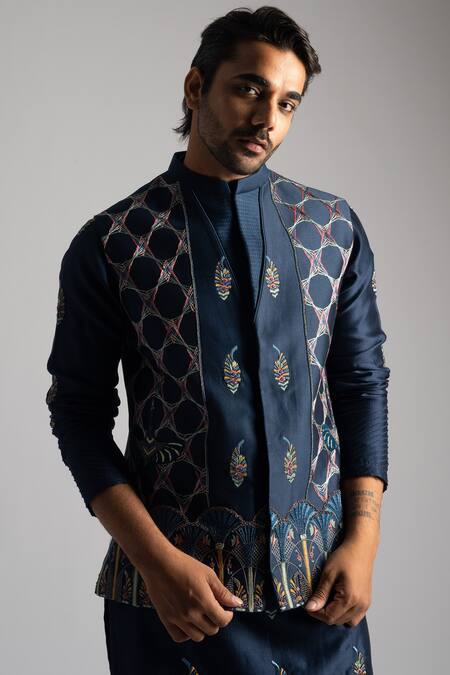PAARSH_Blue Chanderi Embroidery Thread Nehru Jacket _Online_at_Aza_Fashions