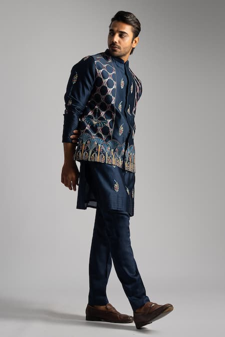 Buy_PAARSH_Blue Chanderi Embroidery Thread Nehru Jacket _Online_at_Aza_Fashions
