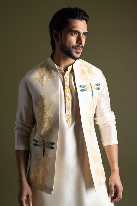 PAARSH_Cream Silk Embroidery, Applique Nehru Jacket _Online_at_Aza_Fashions