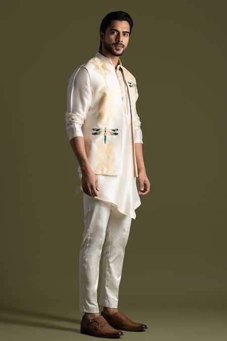 Buy_PAARSH_Cream Silk Embroidery, Applique Nehru Jacket _Online_at_Aza_Fashions