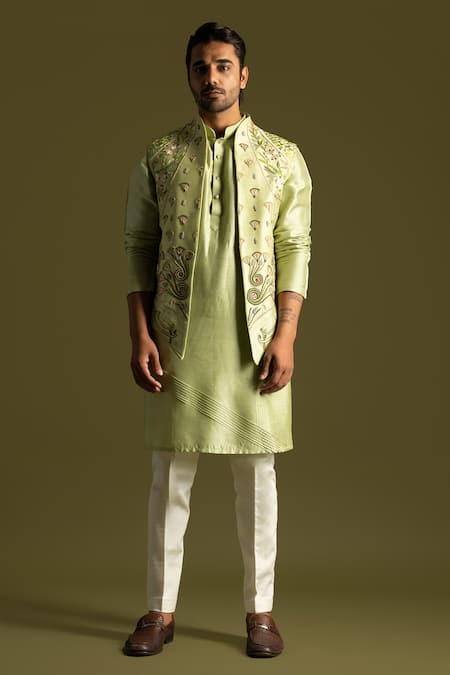 Paarsh Green Bamberg Silk Embroidered Egyptian Scripture Thread Work Nehru Jacket 