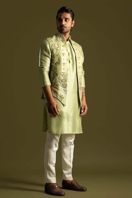 Buy_PAARSH_Green Silk Embroidery Bamberg Nehru Jacket _Online_at_Aza_Fashions