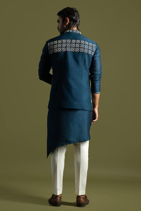 Shop PAARSH Blue Cotton, Bamboo Embroidery Geometric Chirwork Nehru Jacket And Kurta Set at Aza Fashions Shop_PAARSH_Blue Cotton, Bamboo Embroidery Geometric Chirwork Nehru Jacket And Kurta Set _at_Aza_Fashions