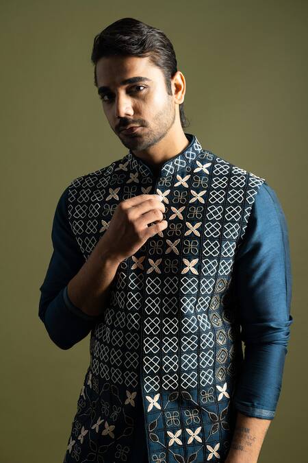 PAARSH Blue Cotton, Bamboo Embroidery Geometric Chirwork Nehru Jacket And Kurta Set Online at Aza Fashions PAARSH_Blue Cotton, Bamboo Embroidery Geometric Chirwork Nehru Jacket And Kurta Set _Online_at_Aza_Fashions