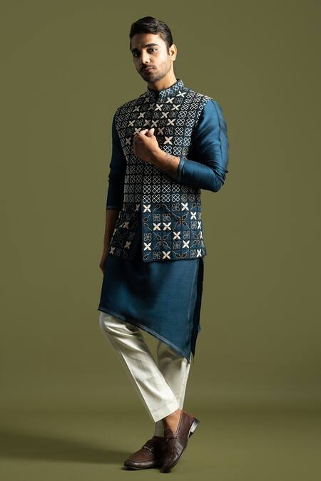 Buy PAARSH Blue Cotton, Bamboo Embroidery Geometric Chirwork Nehru Jacket And Kurta Set Online at Aza Fashions Buy_PAARSH_Blue Cotton, Bamboo Embroidery Geometric Chirwork Nehru Jacket And Kurta Set _Online_at_Aza_Fashions